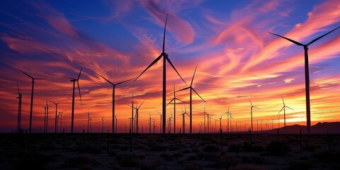 Obraz premium A field of wind turbines against a sunset, capturing the transition to renewable energy sources