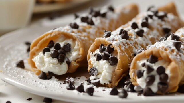 Close-up of a serving of cannoli with ricotta filling and chocolate chips.