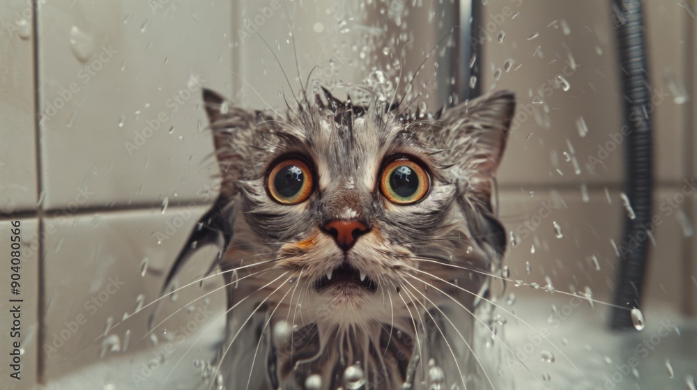 Poster Close-up of a wet cat in a shower with water droplets on its fur and a surprised expression.