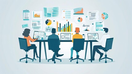 Illustration of a Team of Four People Working on Data Analysis in an Office