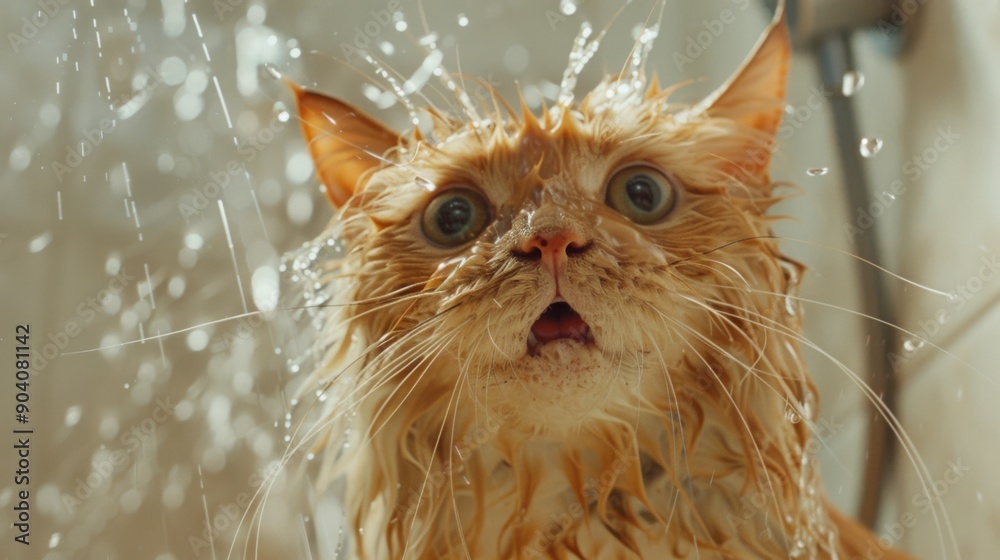 Poster close-up of a wet cat in a shower with water droplets on its fur and a surprised expression.