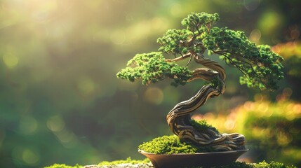 A bonsai tree with a twisted, ancient-looking trunk, symbolizing strength and resilience, set against a zen garden backdrop.