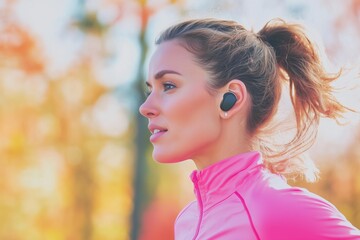 Naklejka premium deaf woman with hearing aid running in the park