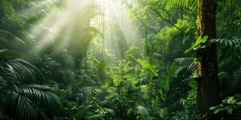 Fototapeta premium A dense rainforest with diverse plant and animal life, highlighting the importance of rainforest conservation