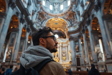 Obraz premium A visitor inside a grand cathedral with a golden ornate ceiling gazes at the detailed interior, surrounded by elegant columns, artwork, and intricate architectural elements.