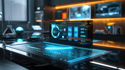 A futuristic, modular smart home hub with holographic interface and seamless device integration.