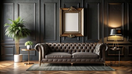 Obraz premium Elegant dark-walled room features empty vertical picture frame amidst stylish furniture, luxurious sofa, and refined ambiance of modern sophistication.