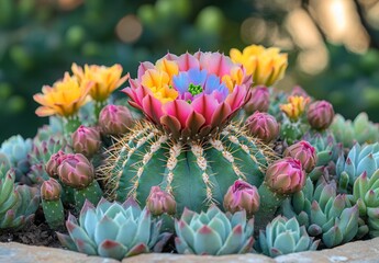 Close-up of a blooming cactus with colorful flowers, surrounded by other succulents in a sandy desert environment
