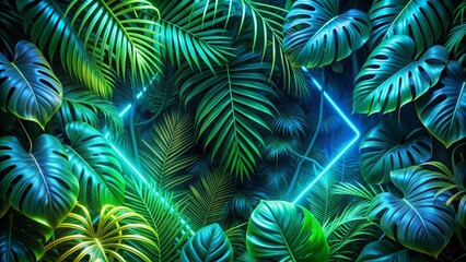 Luminous green and blue neon lights intertwine with lush tropical leaves, creating a mesmerizing and exotic stunning tropical design background.