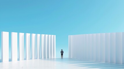 Obraz premium Solitude in Minimalism, a person stands between two massive white structures under a vast blue sky, evoking feelings of contemplation and existential reflection.
