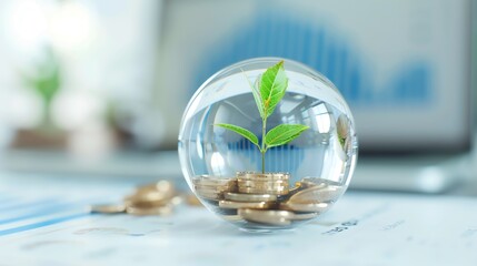 Financial Growth, a fragile green sprout emerges from coins within a glass dome, symbolizing sustainable investment and eco-friendly finance in a modern office setting.