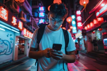 Obraz premium A young man uses his phone while walking through a neon-lit city street at night, capturing the essence of modern urban life, connectivity, and the vibrant cityscape.