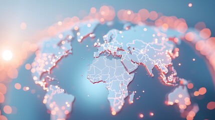 Fototapeta premium Illuminated World Map with Geometric Borders, highlighting geographical regions through a blend of vibrant colors and soft glowing lights, creating a modern visual effect.