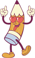 Pencil character retro groovy mascot