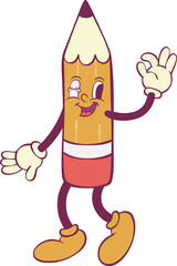 Pencil character retro groovy mascot