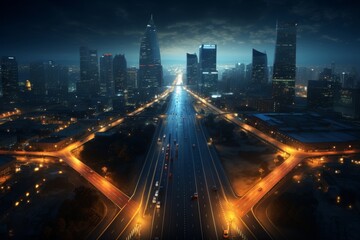 Fototapeta premium Urban thoroughfare with busy city street, vehicles, and modern buildings in downtown scene