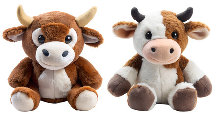 Set of bull cows soft toy on transparent background. Toy concept for children.