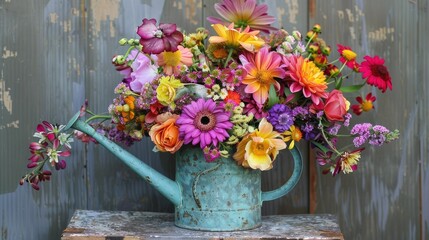 A cheerful bouquet of mixed seasonal flowers in bright hues, arranged in a vintage metal watering can.