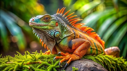 Obraz premium Vibrant green and orange iguana poses on a moss-covered stone, its spiky scales glistening in the warm tropical sunlight surroundings.