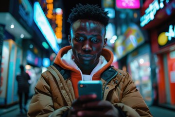 Fototapeta premium A young man is seen focused on his phone amidst a vibrant and busy street filled with bright neon lights and signs, capturing the essence of modern urban nightlife.