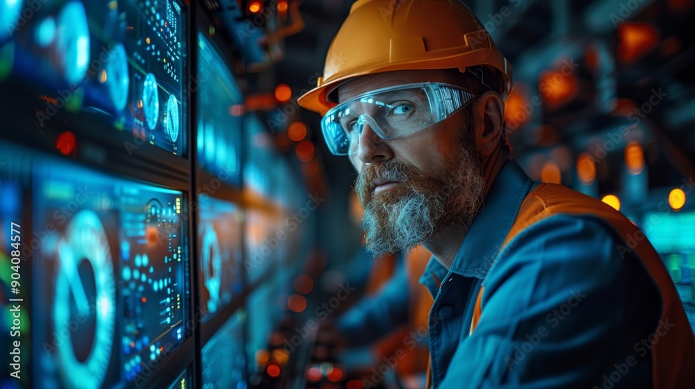 Wall mural Engineer Monitoring Hydroelectric Control Systems. Engineer closely monitoring control systems in a hydroelectric plant, highlighting the precision and attention to detail required.