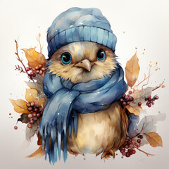 Obraz premium Watercolor winter bird, clipart Illustration, Generative Ai
