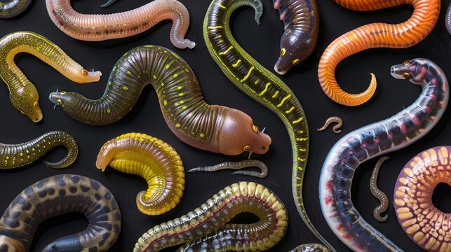 Variety of vibrant, segmented worms are arranged on a black backdrop, highlighting the beauty and diversity found in nature.