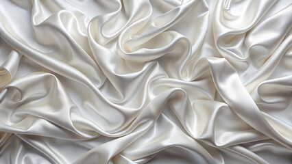 Fototapeta premium Elegant, luxurious, and serene white silk satin background featuring intricate, wavy, and crumpled texture reminiscent of a lavish bed sheet.