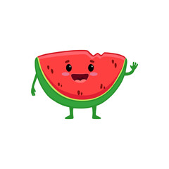 Cute watermelon character isolated on white background. Cartoon fruit, slice of watermelon. Vector illustration