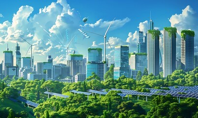 Naklejka premium Vibrant cityscape with green skyscrapers, solar panels, and wind turbines