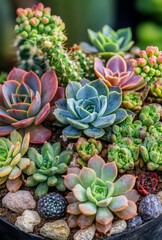 A detailed view of succulents and cacti growing in rocky soil, with their intricate patterns and textures captured beautifully