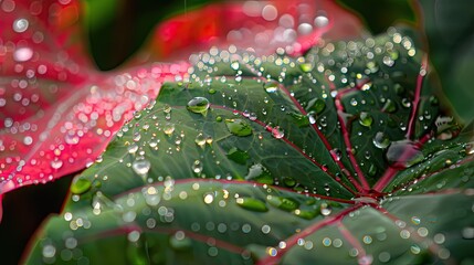 A close-up of a dewdrop-covered Caladium leaf, capturing the essence of a fresh morning in the garden.