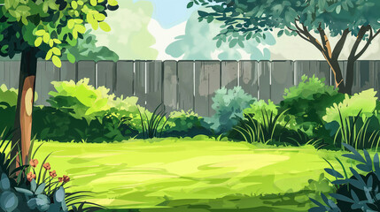 Obraz premium Wooden garden fence at backyard with green grass and trees