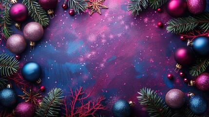 Cosmic Christmas Dreamscape: A festive flat lay on a blue and pink starry background, adorned with sparkling ornaments and fir branches, evoking a magical holiday spirit.