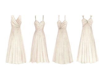Watercolor wedding dress collection. Hand drawn isolated illustration on white background