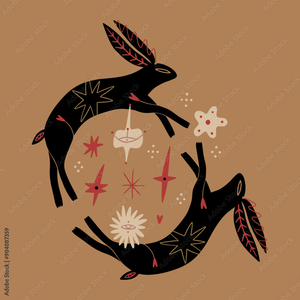 Wall mural cartoon ethnic mascot boho black rabbits couple funny groovy whimsical flat art. symbol of prosperit