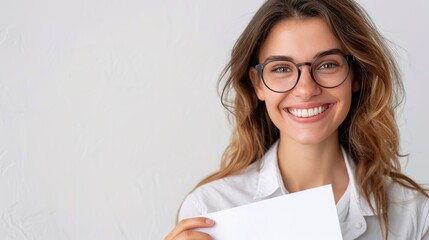 Naklejka premium Smiling teacher holding a report card with good grades, isolated on white 