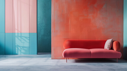 Modern sofa in a stylish room with contrasting backdrop and colorful walls