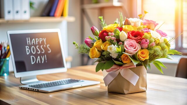 Happy Boss's Day Flower Bouquet on Desk with Laptop. - Powered by Adobe