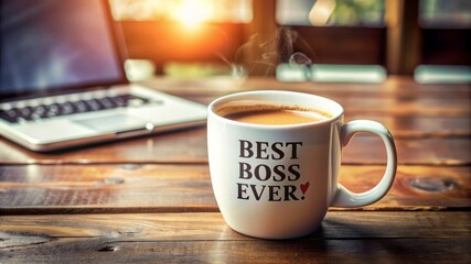 Best Boss Ever Coffee Mug on Wooden Table.