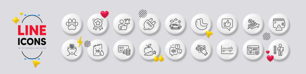 User notification, Column diagram and Card line icons. White buttons 3d icons. Pack of Petrol canister, Ranking star, Dog paw icon. Cashew nut, Loan percent, Anxiety pictogram. Vector