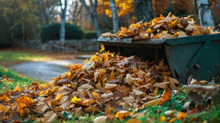 Obraz premium Realistic image of leaves being raked and composted in a backyard for eco friendly gardening