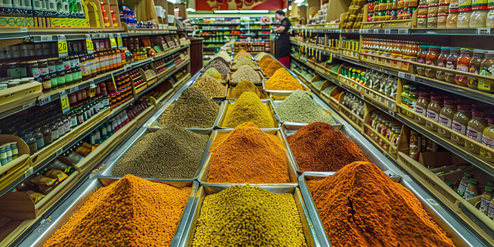 The Rich Spice Aisle: Aisle in a local grocery store, displaying an array of vibrant African spices and herbs.