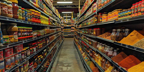 The Rich Spice Aisle: Aisle in a local grocery store, displaying an array of vibrant African spices and herbs.
