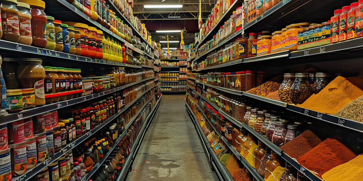 The Rich Spice Aisle: Aisle in a local grocery store, displaying an array of vibrant African spices and herbs.