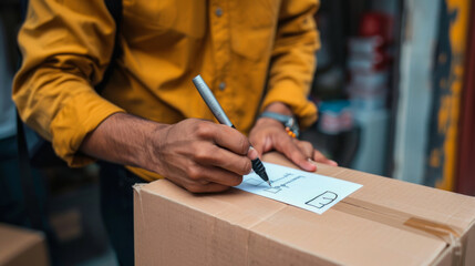 Customer signing package receipt with pen in busy urban environment while delivering