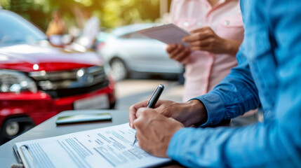 Fototapeta premium Customer signing paperwork for a new car purchase outside a dealership during daylight