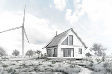 Obraz premium Simple drawing of a house with a wind turbine in the yard, Eco friendly Living, Renewable Energy, No logo, No Trademark, No text, minimal concept with copy space for stock photo