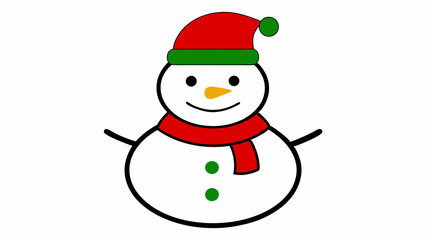 Vector Line Art of Christmas Cute Snowman with Santa Claus Hat and Scarf on White Background