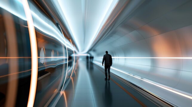 Futuristic Hyperloop Terminal: Passengers Boarding High-Speed Mass Transit Train